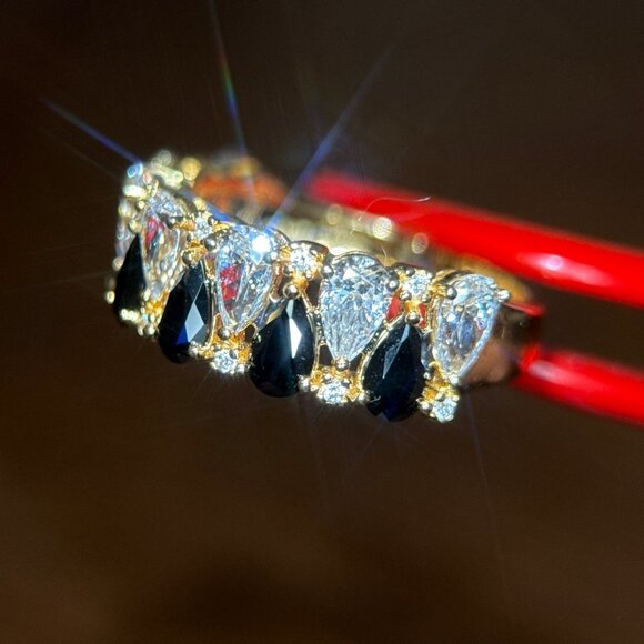 925 Gold Vermeil Alternating Black/White Cz Ring - Picture 2 of 11